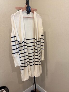 Express Cream and Navy Striped Open-Front Cardigan